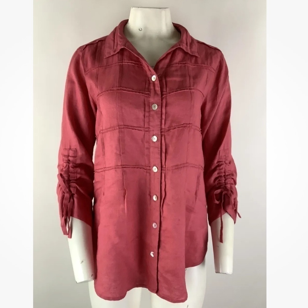 John Mark Sz XS 100% Linen Button Tunic Top Pink Ruched Arms Casual Style